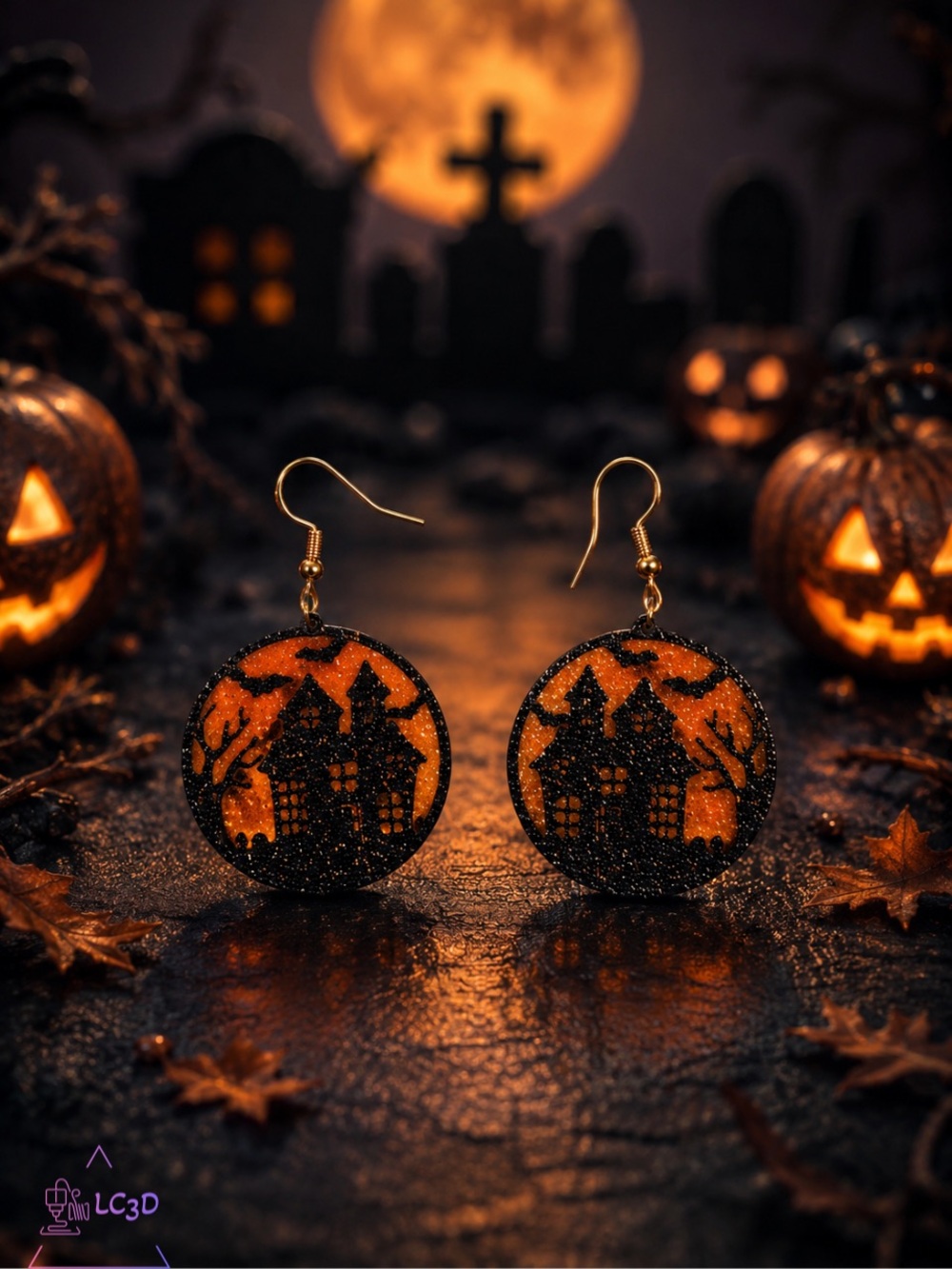 Halloween Haunted House Orange and Black Drop Earrings